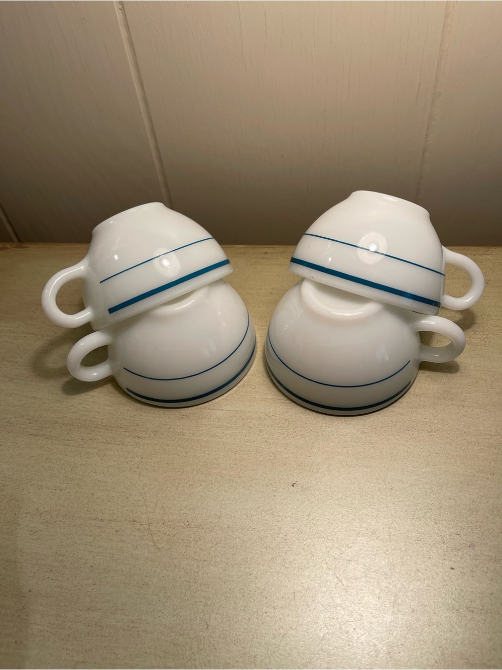 Pyrex corning Milk Glass Tea Cups with Blue Stripe Accent - Set of 4
